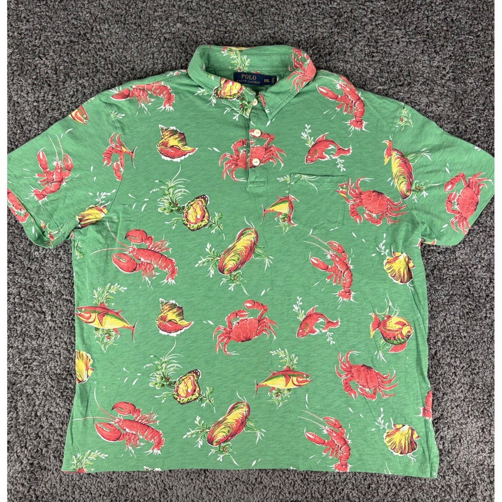 Polo Ralph Lauren Mens XXL Green Seafood Lobster Crab Fish Print Polo Shirt